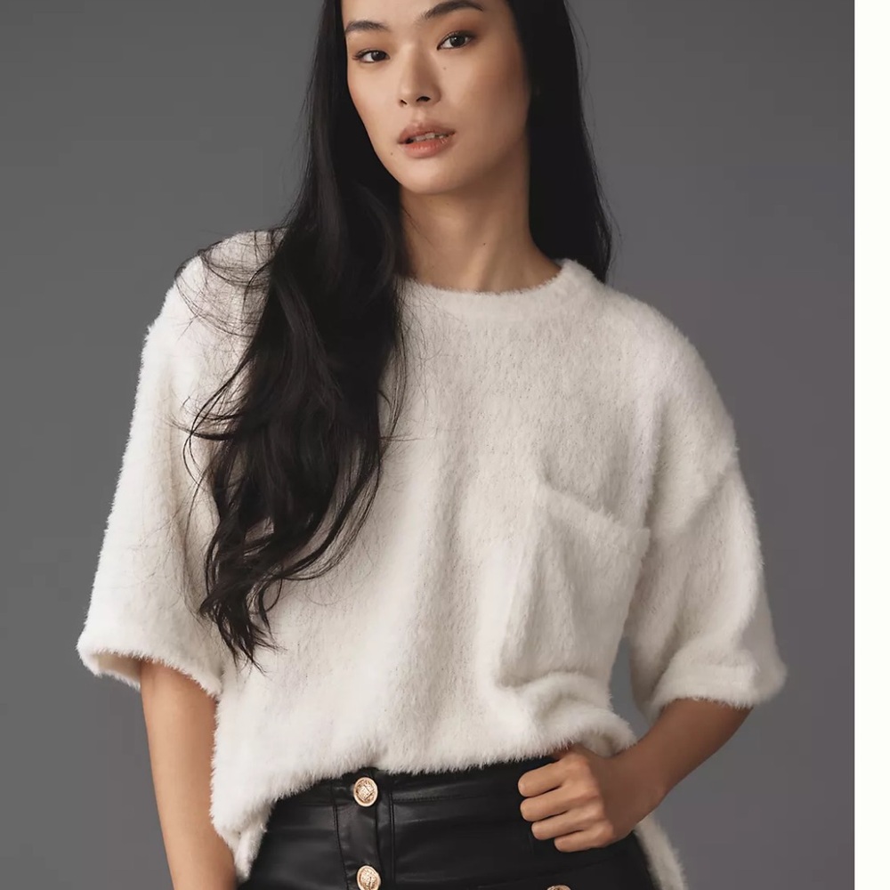 BY ANTHROPOLOGIE SHORT-SLEEVE OVERSIZED WHITE KNIT TOP WINTER QUIET LUXURY‎ EUC
